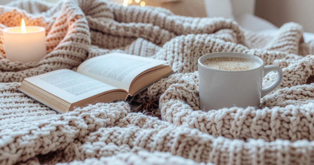 Cozy reading setup with an open book, a mug of coffee, and a lit candle on a chunky beige knit blanket.