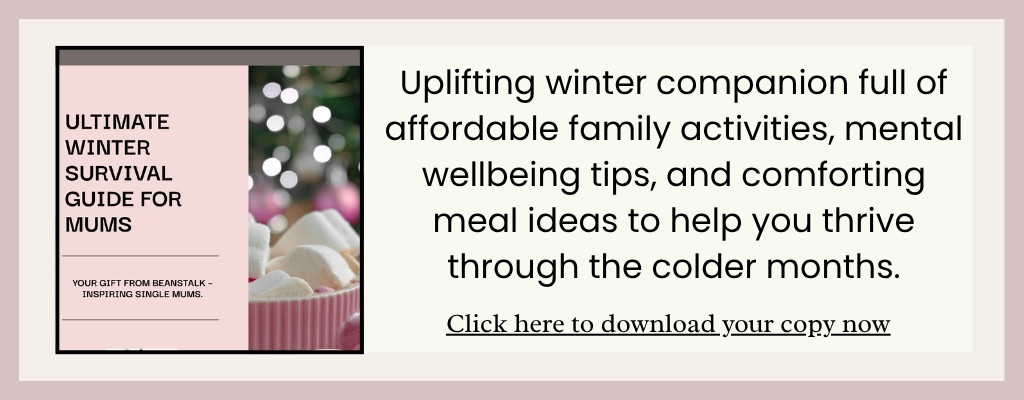 Promotional banner with a book cover on the left reading 'Ultimate Winter Survival Guide for Mums' and a beige panel on the right containing a headline about uplifting winter wellbeing and a 'Click here to download your copy now' call to action.