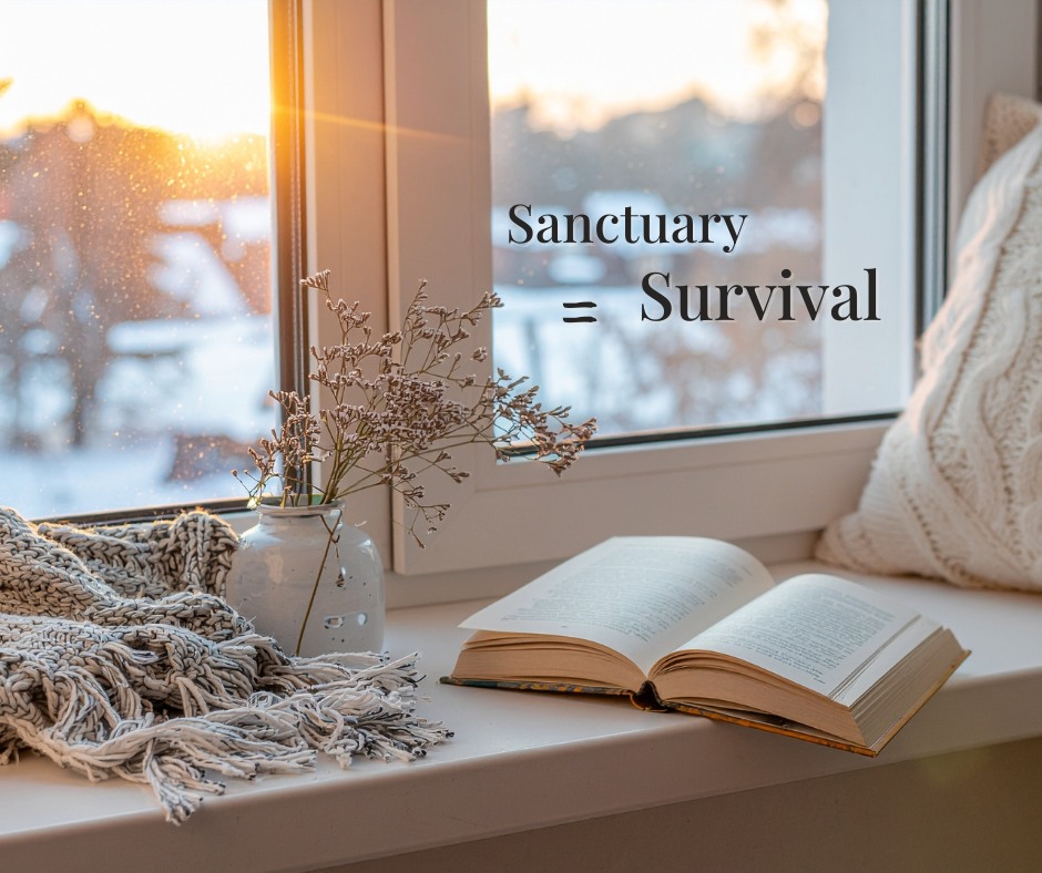 Open book and cozy windowsill scene with a vase of dried flowers and a knitted throw at sunset; text reads 'Sanctuary = Survival' on the window.