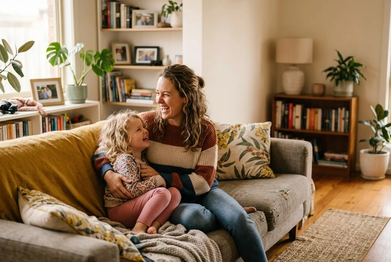 single mum and child sharing a warm quiet moment together on the couch at home