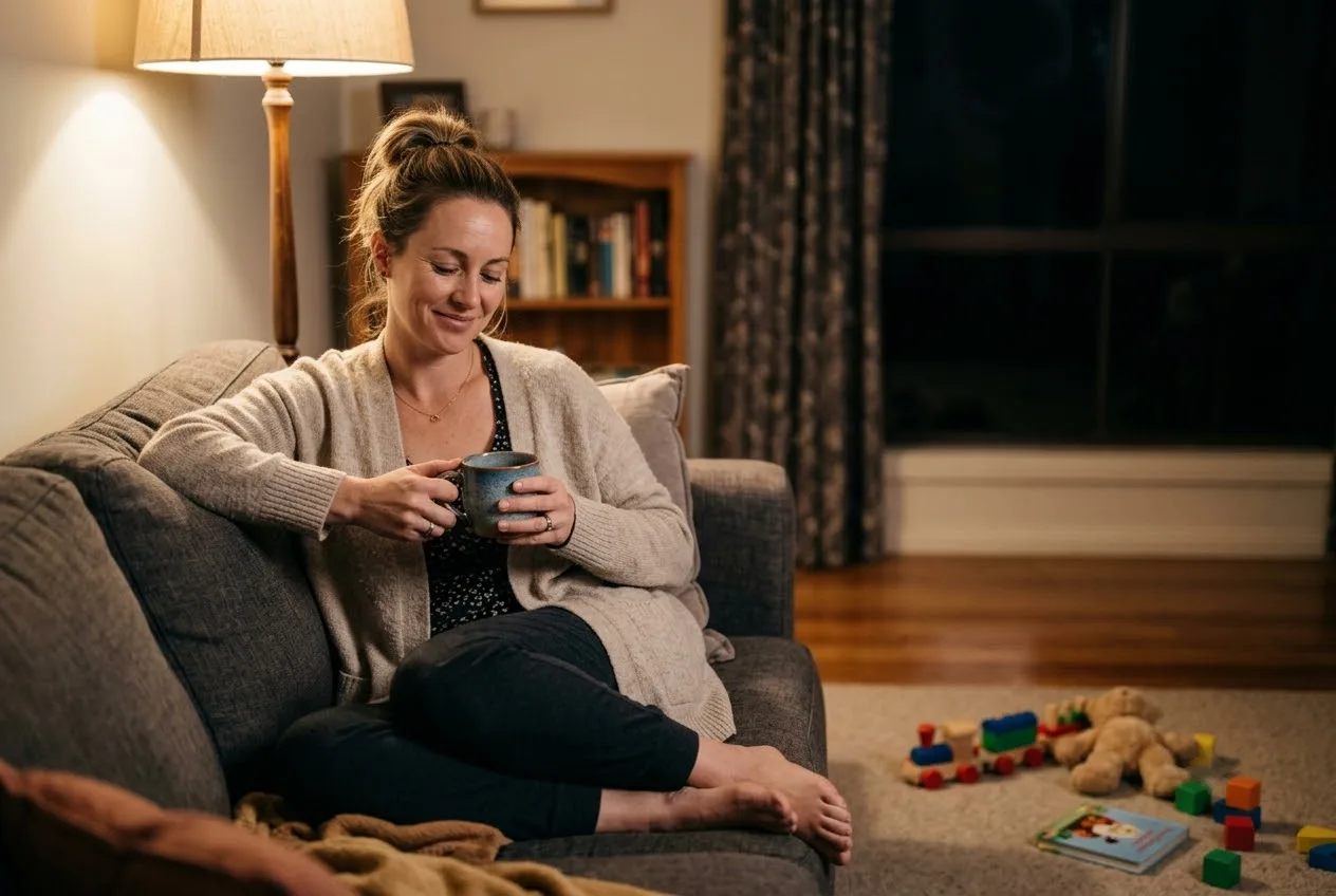 single mum resting with a cup of tea on the couch after the kids are asleep