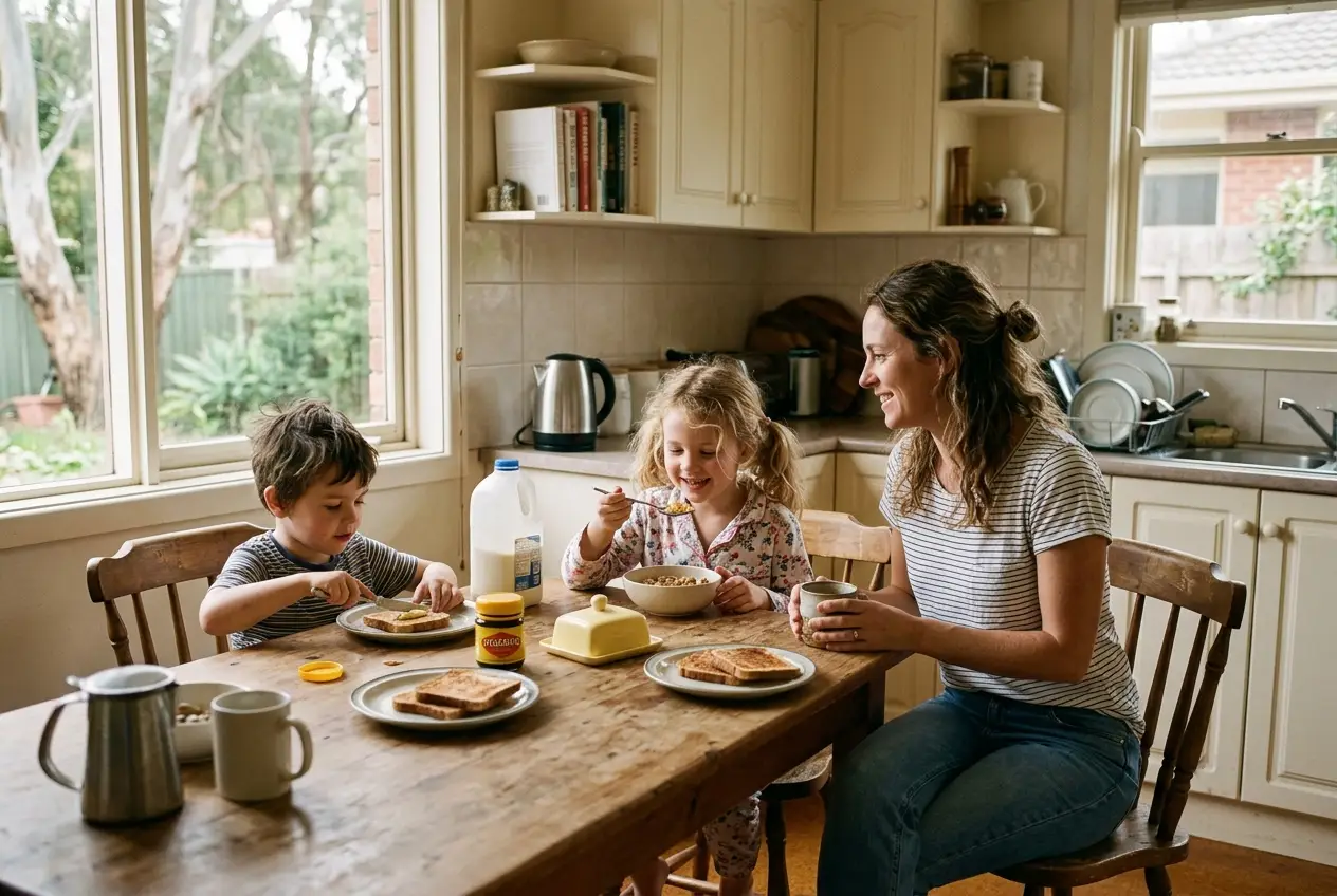 2-single-mother-and-two-kids-at-a-relaxed-breakfast-in-a-bright-kitchen - Single Mama Way Counselling single mother and two kids at a relaxed breakfast in a bright kitchen